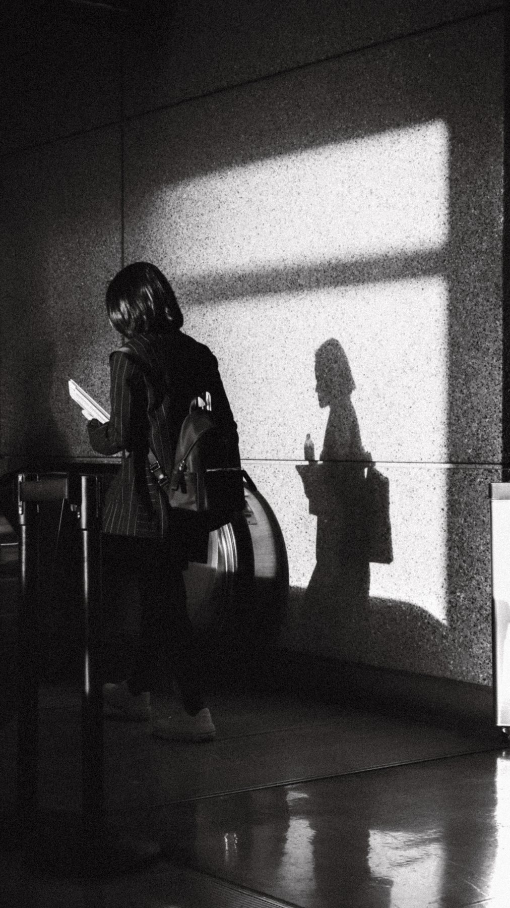 A silhouetted figure descending an escalator, their shadow cast sharply across a sunlit wall behind them, shot on grainy black-and-white film.